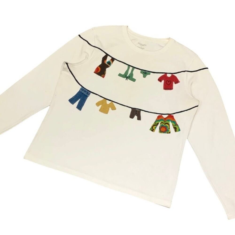 Custom Upcycled Clothesline Patchwork White Long Sleeve Shirt – Large
